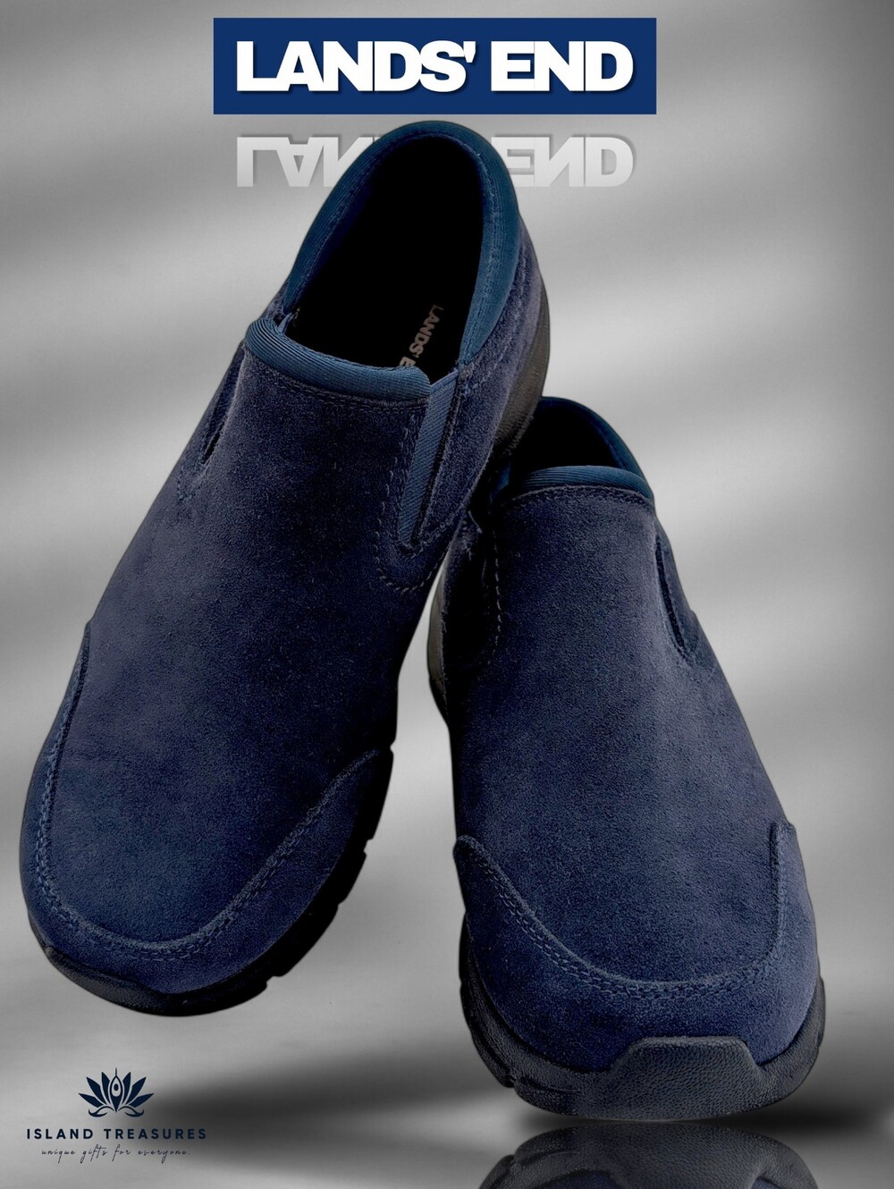 Lands' End All Weather Sz 7D Navy Blue Suede Moc Slip-On Cushioned Support Soles